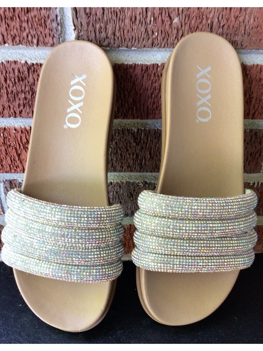 XOXO Tan Slide Sandals with Iridescent Beaded Straps Size 6
